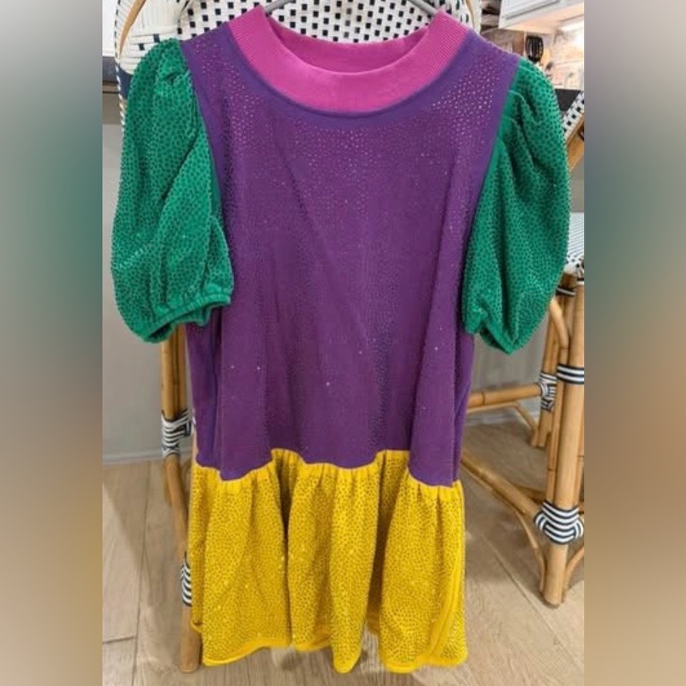 QUEEN OF SPARKLES EUC Mardi Gras Colorful Dress - Purple, Green, Yellow